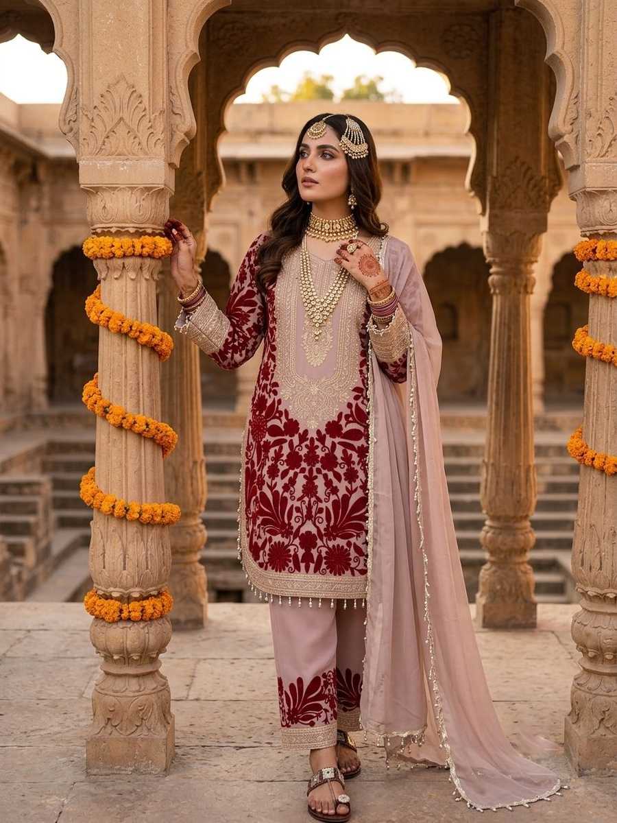 DESIGNER FAUX GEORGETTE EMBROIDERY SEQUENCE AND BEADS WORK TOP BOTTOM WITH DUPATTA WEDDING WEAR WHOLESALE PRICE ETHNIC GARMENT (21)