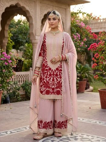 DESIGNER FAUX GEORGETTE EMBROIDERY SEQUENCE AND BEADS WORK  TOP BOTTOM WITH DUPATTA BABY PINK