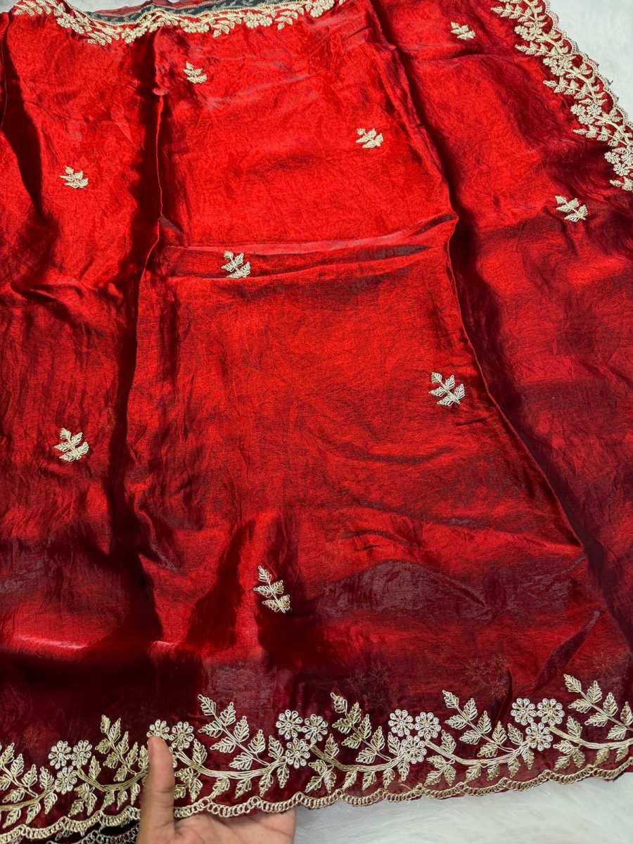 DESIGNER FENDY SATIN CONTRAST PALLU SPRING DORI EMBROIDERY WORK CUTWORK BORDER SAREE WITH UNSTITCHED BLOUSE WEDDING WEAR WHOLESALE PRICE ETHNIC GARMENT (10)