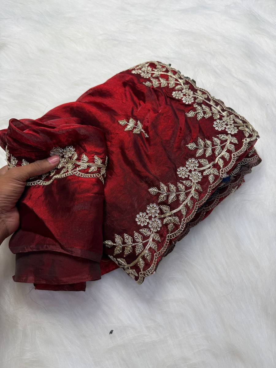 DESIGNER FENDY SATIN CONTRAST PALLU SPRING DORI EMBROIDERY WORK CUTWORK BORDER SAREE WITH UNSTITCHED BLOUSE WEDDING WEAR WHOLESALE PRICE ETHNIC GARMENT (13)