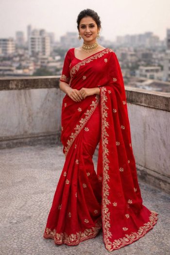 DESIGNER FENDY SATIN CONTRAST PALLU SPRING DORI EMBROIDERY WORK CUTWORK BORDER SAREE WITH UNSTITCHED BLOUSE MAROON