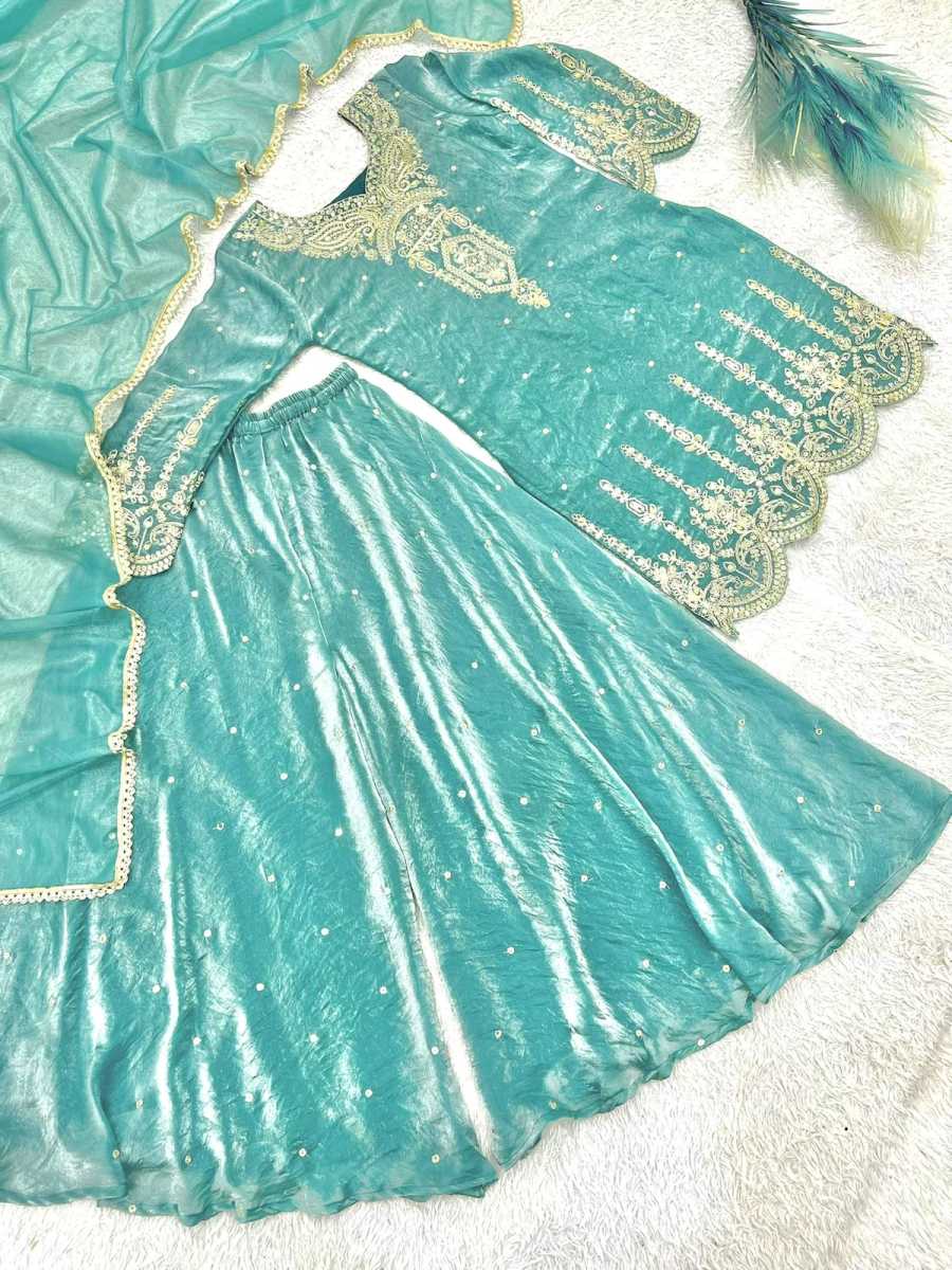 DESIGNER FENDY SILK EMBROIDERY SEQUENCE CODING AND REAL MIRROR HAND WORK TOP PALAZZO WITH DUPATTA FESTIVE WEAR WHOLESALE PRICE ETHNIC GARMENT (7)