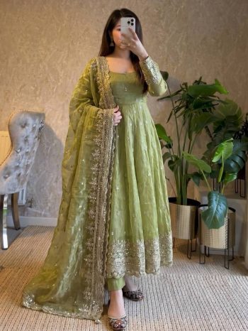 DESIGNER FENDY SILK EMBROIDERY  SEQUENCE WORK GOWN BOTTOM WITH DUPATTA PISTA