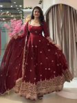DESIGNER FENDY SILK EMBROIDERY SEQUENCE WORK & NACK IN HAND PEARL WORK GOWN BOTTOM WITH DUPATTA MAROON