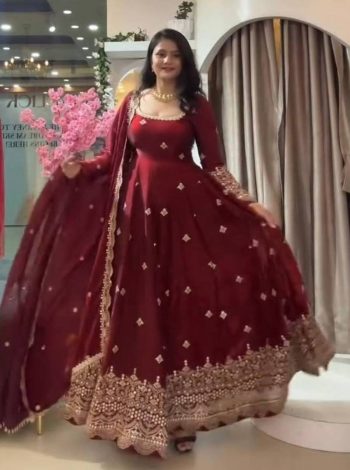DESIGNER FENDY SILK EMBROIDERY SEQUENCE WORK & NACK IN HAND PEARL WORK GOWN BOTTOM WITH DUPATTA MAROON