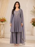 DESIGNER FENDY SILK SEQUENCE CODING EMBROIDERY BEADS WORK TOP PALAZZO WITH DUPATTA GREY