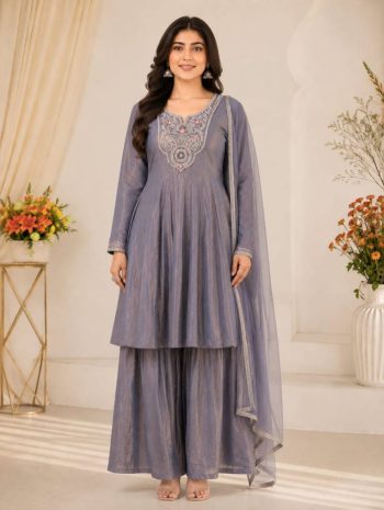 DESIGNER FENDY SILK SEQUENCE CODING EMBROIDERY BEADS WORK TOP PALAZZO WITH DUPATTA GREY