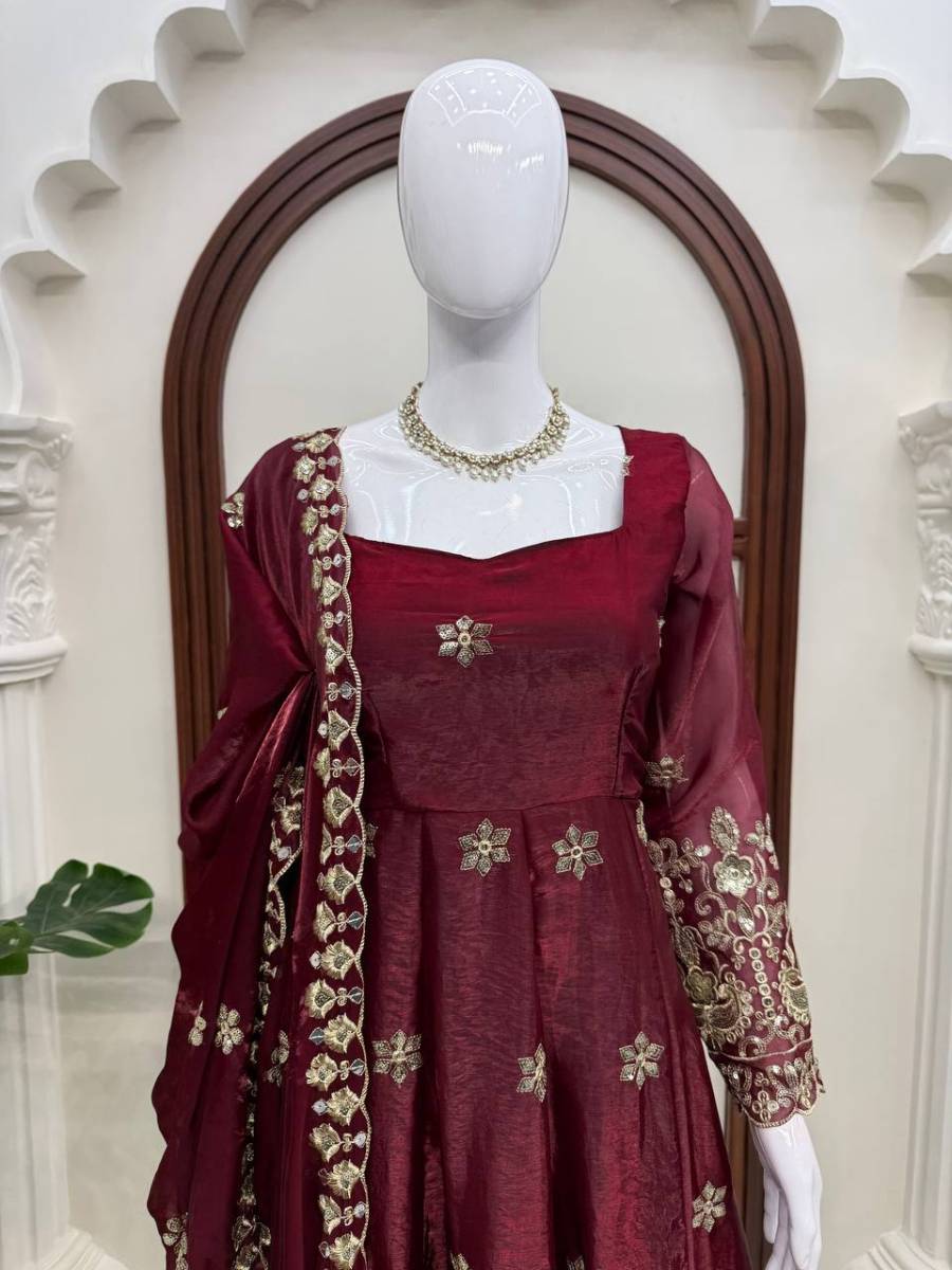 DESIGNER FENDY SILK THREAD AND 3MM AND 9MM SEQUENCE WORK GOWN BOTTOM WITH DUPATTA WEDDING WEAR WHOLESALE PRICE ETHNIC GARMENT (32)