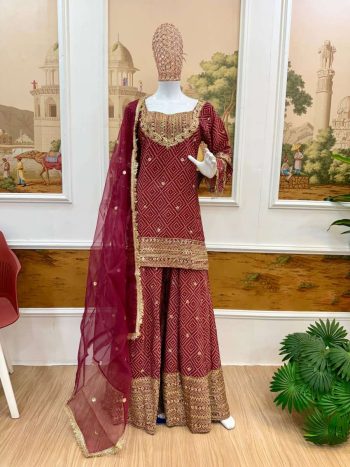 DESIGNER FRENCH CREPE PRINTED WITH FRONT EMBROIDERY WORK WITH FANCY LACE WORK TOP PALAZZO WITH DUPATTA RANI