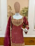 DESIGNER FRENCH CREPE PRINTED WITH FRONT EMBROIDERY WORK WITH FANCY LACE WORK TOP PALAZZO WITH DUPATTA FESTIVE WEAR WHOLESALE PRICE ETHNIC GARMENT (7)