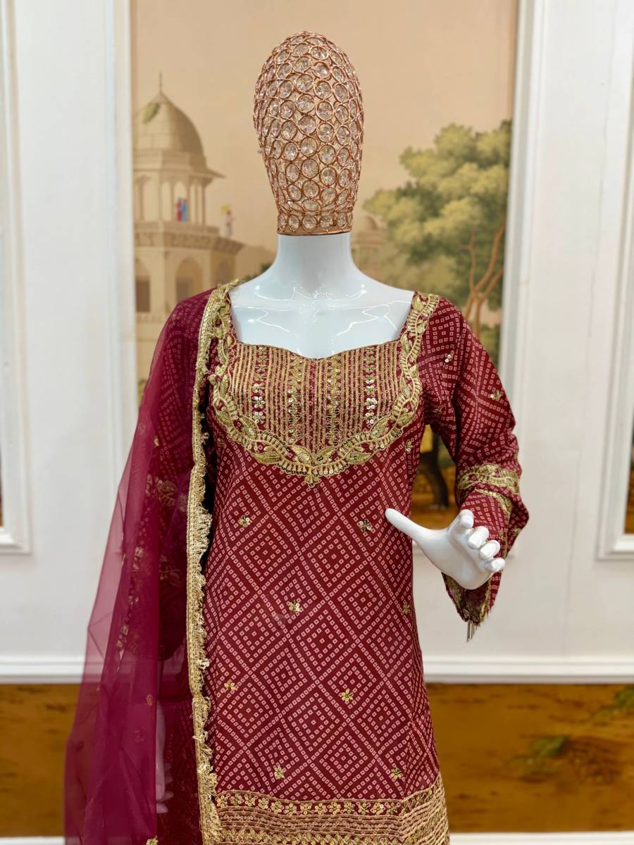 DESIGNER FRENCH CREPE PRINTED WITH FRONT EMBROIDERY WORK WITH FANCY LACE WORK TOP PALAZZO WITH DUPATTA FESTIVE WEAR WHOLESALE PRICE ETHNIC GARMENT (9)
