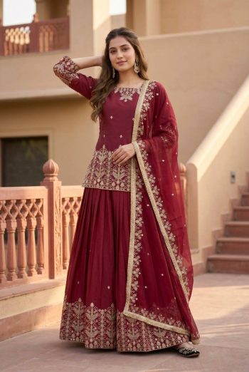 DESIGNER FRENCH SILK EMBROIDERY SEQUENCE WITH REAL MIRROR HAND WORK TOP LEHENGA WITH DUPATTA MAROON
