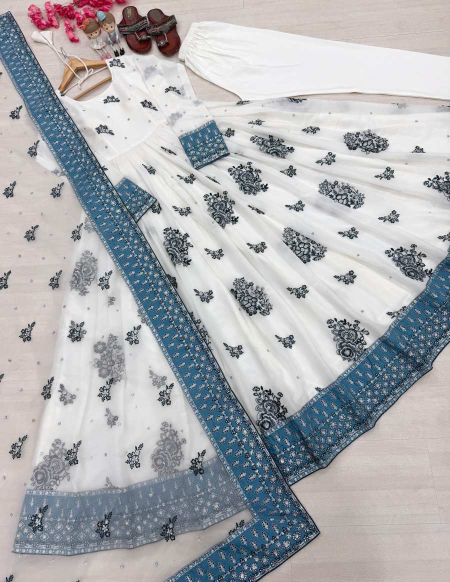 DESIGNER GEORGETTE EMBROIDERY 3 MM SEQUENCE WORK GOWN BOTTOM WITH DUPATTA WEDDING WEAR WHOLESALE PRICE ETHNIC GARMENT (3)