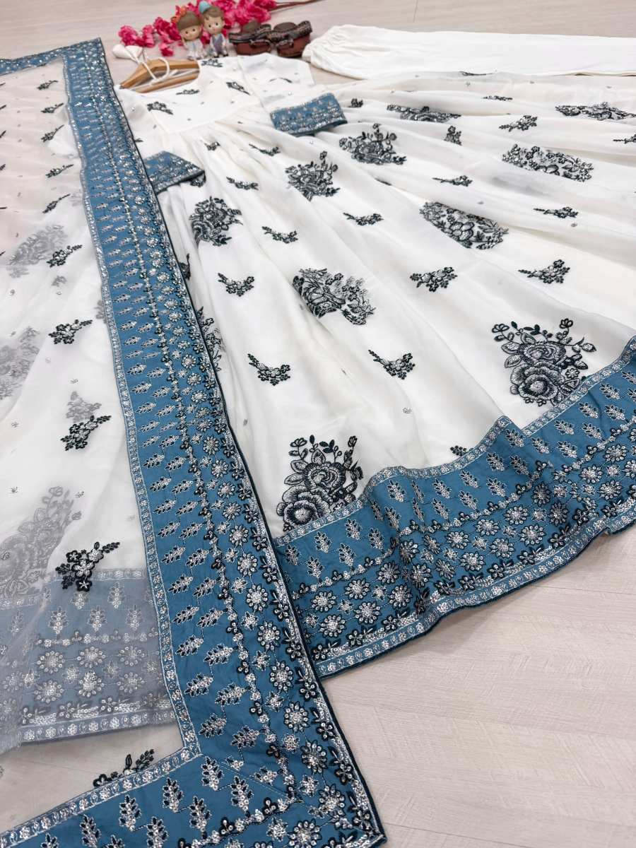 DESIGNER GEORGETTE EMBROIDERY 3 MM SEQUENCE WORK GOWN BOTTOM WITH DUPATTA WEDDING WEAR WHOLESALE PRICE ETHNIC GARMENT (6)