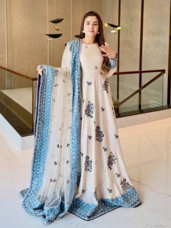 DESIGNER GEORGETTE EMBROIDERY 3 MM SEQUENCE WORK GOWN BOTTOM WITH DUPATTA WHITE AND RAMA