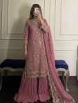DESIGNER GEORGETTE EMBROIDERY SEQUENCE WORK WITH RIVET MOTI WORK TOP PALAZZO WITH DUPATTA PINK