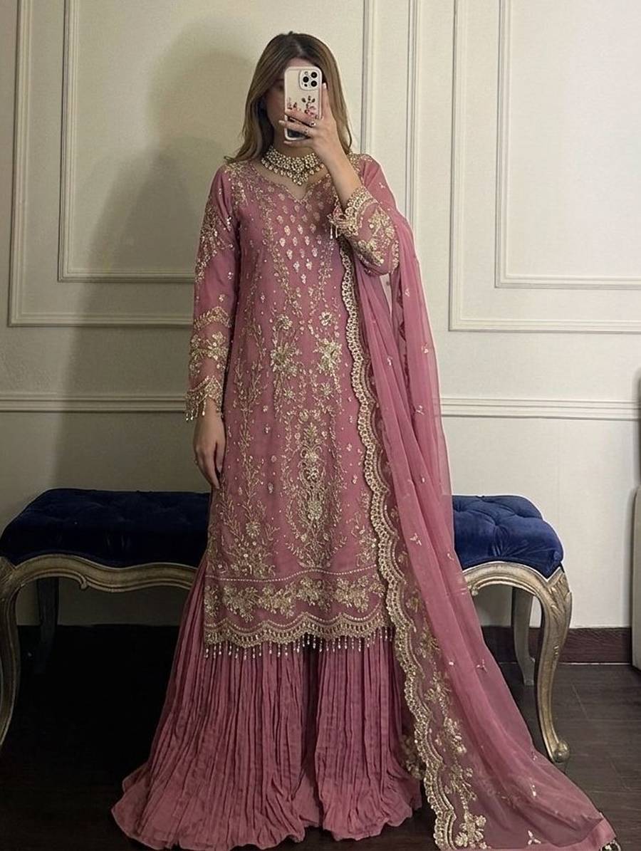 DESIGNER GEORGETTE EMBROIDERY SEQUENCE WORK WITH RIVET MOTI WORK TOP PALAZZO WITH DUPATTA WEDDING WEAR WHOLESALE PRICE ETHNIC GARMENT(24)