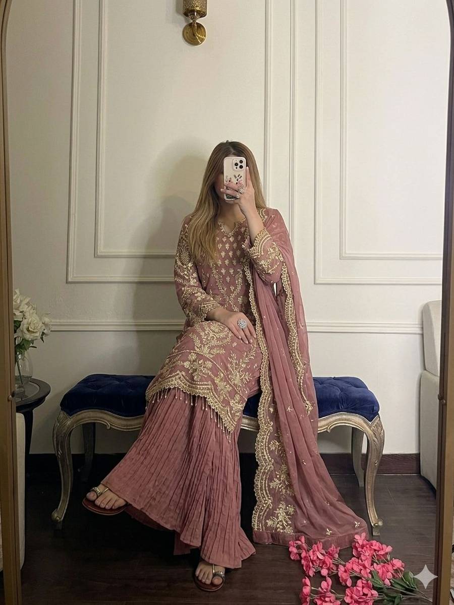 DESIGNER GEORGETTE EMBROIDERY SEQUENCE WORK WITH RIVET MOTI WORK TOP PALAZZO WITH DUPATTA WEDDING WEAR WHOLESALE PRICE ETHNIC GARMENT(26)