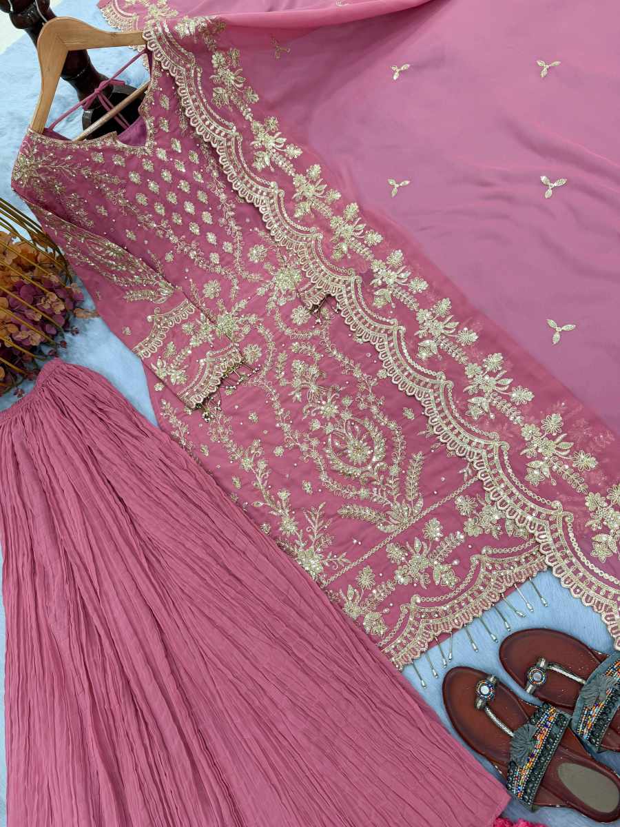 DESIGNER GEORGETTE EMBROIDERY SEQUENCE WORK WITH RIVET MOTI WORK TOP PALAZZO WITH DUPATTA WEDDING WEAR WHOLESALE PRICE ETHNIC GARMENT(28)