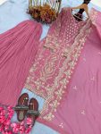 DESIGNER GEORGETTE EMBROIDERY SEQUENCE WORK WITH RIVET MOTI WORK TOP PALAZZO WITH DUPATTA WEDDING WEAR WHOLESALE PRICE ETHNIC GARMENT(24)