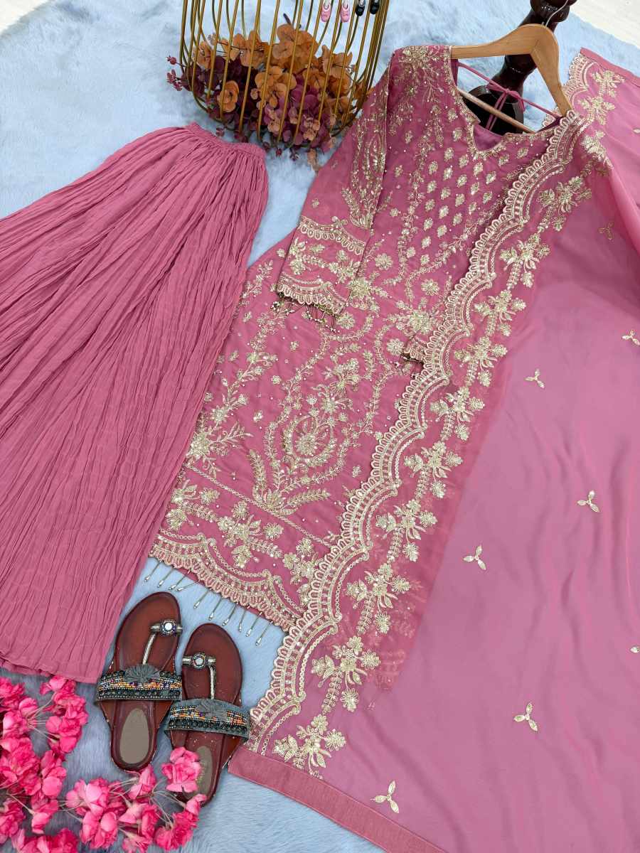 DESIGNER GEORGETTE EMBROIDERY SEQUENCE WORK WITH RIVET MOTI WORK TOP PALAZZO WITH DUPATTA WEDDING WEAR WHOLESALE PRICE ETHNIC GARMENT(29)