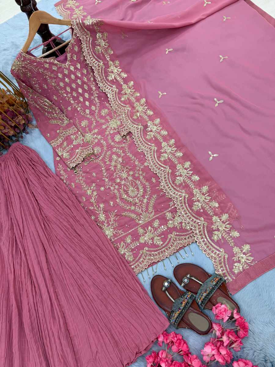 DESIGNER GEORGETTE EMBROIDERY SEQUENCE WORK WITH RIVET MOTI WORK TOP PALAZZO WITH DUPATTA WEDDING WEAR WHOLESALE PRICE ETHNIC GARMENT(30)