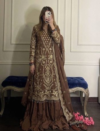 DESIGNER GEORGETTE EMBROIDERY SEQUENCE WORK WITH RIVET MOTI WORK TOP PALAZZO WITH DUPATTA CHIKU