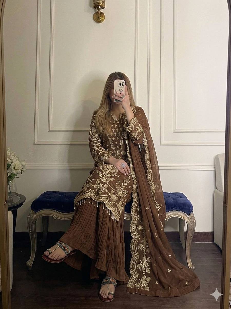 DESIGNER GEORGETTE EMBROIDERY SEQUENCE WORK WITH RIVET MOTI WORK TOP PALAZZO WITH DUPATTA WEDDING WEAR WHOLESALE PRICE ETHNIC GARMENT(32)
