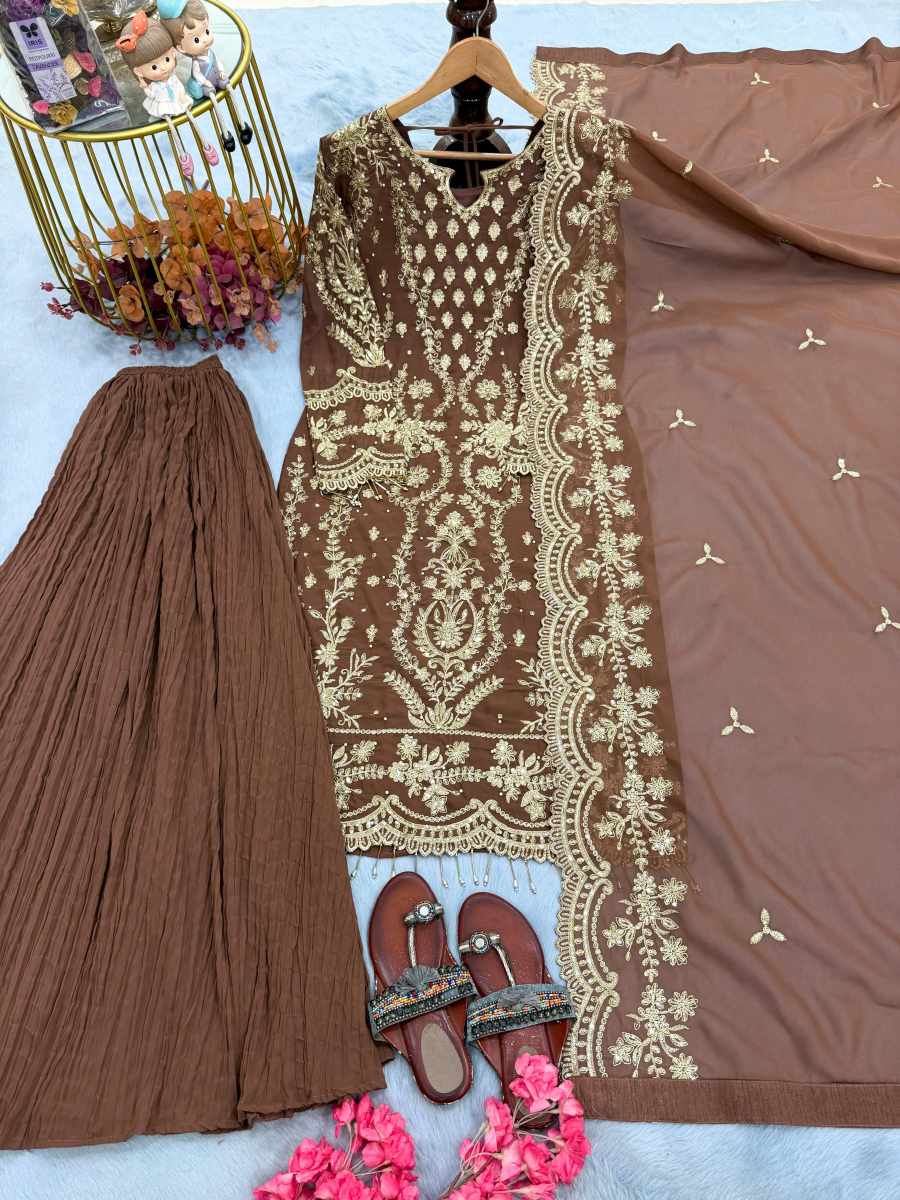 DESIGNER GEORGETTE EMBROIDERY SEQUENCE WORK WITH RIVET MOTI WORK TOP PALAZZO WITH DUPATTA WEDDING WEAR WHOLESALE PRICE ETHNIC GARMENT(34)