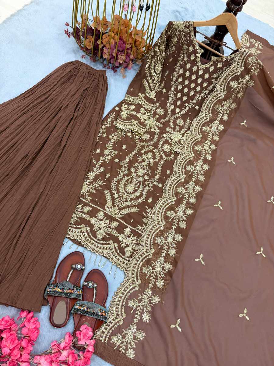 DESIGNER GEORGETTE EMBROIDERY SEQUENCE WORK WITH RIVET MOTI WORK TOP PALAZZO WITH DUPATTA WEDDING WEAR WHOLESALE PRICE ETHNIC GARMENT(35)