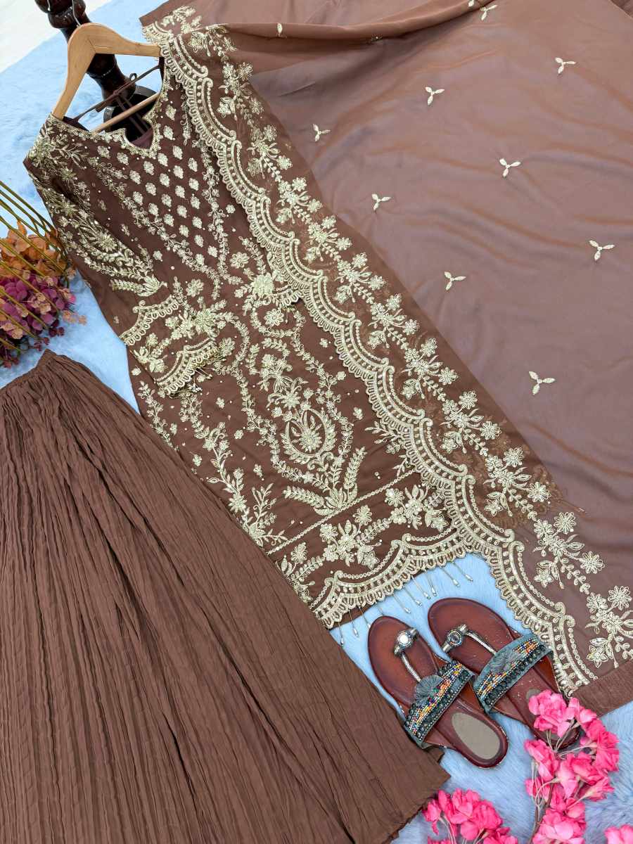 DESIGNER GEORGETTE EMBROIDERY SEQUENCE WORK WITH RIVET MOTI WORK TOP PALAZZO WITH DUPATTA WEDDING WEAR WHOLESALE PRICE ETHNIC GARMENT(36)