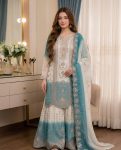 DESIGNER GEORGETTE EMBROIDERY THREAD WORK TOP PALAZZO WITH DUPATTA WHITE AND SKY