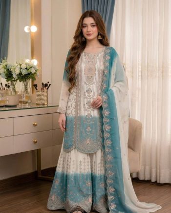 DESIGNER GEORGETTE EMBROIDERY THREAD WORK TOP PALAZZO WITH DUPATTA WHITE AND SKY