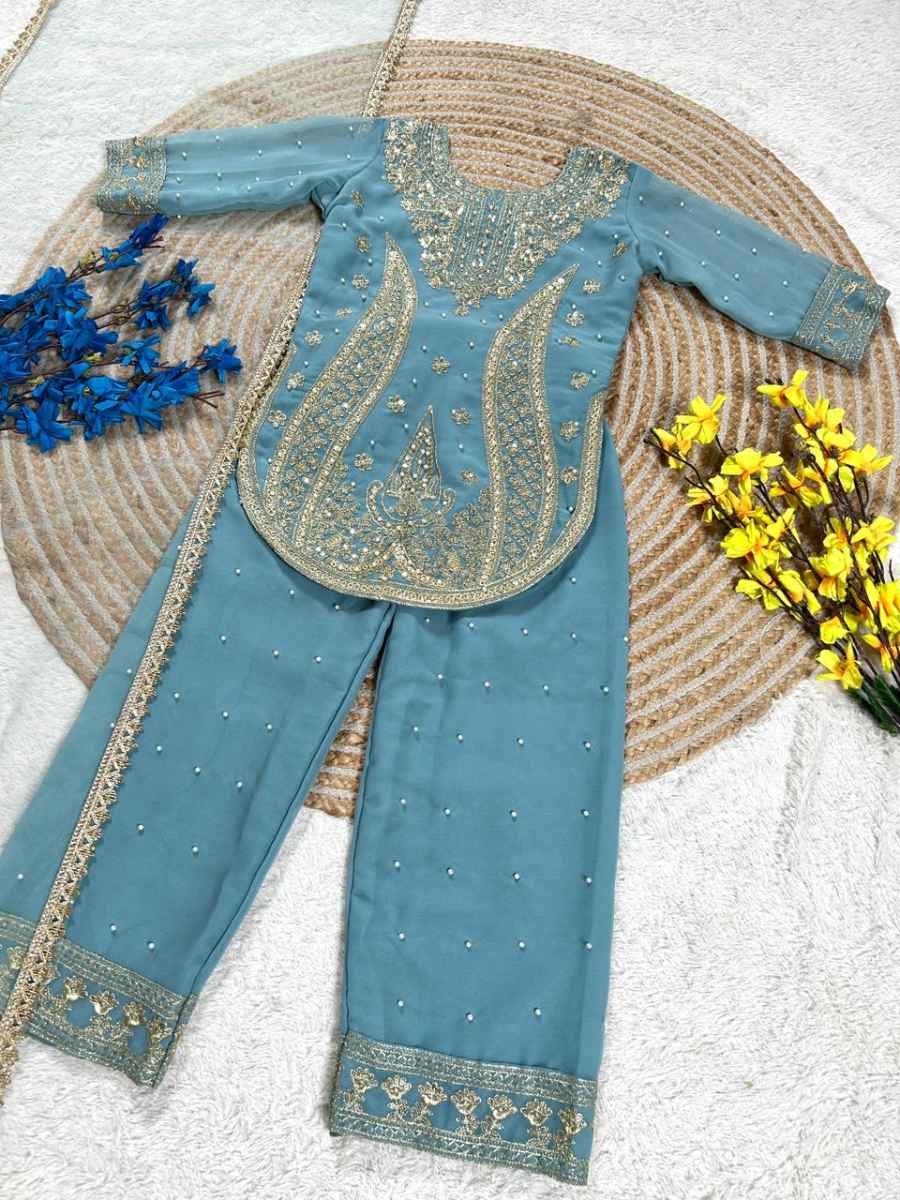 DESIGNER GEORGETTE EMBROIDERY WITH MOTI WORK KID'S TOP BOTTOM WITH DUPATTA FESTIVE WEAR WHOLESALE PRICE ETHNIC GARMENT (13)