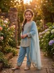 DESIGNER GEORGETTE EMBROIDERY WITH MOTI WORK KID’S TOP BOTTOM WITH DUPATTA FESTIVE WEAR WHOLESALE PRICE ETHNIC GARMENT (17)