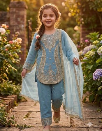 DESIGNER GEORGETTE EMBROIDERY WITH MOTI WORK KID'S TOP BOTTOM WITH DUPATTA SKY
