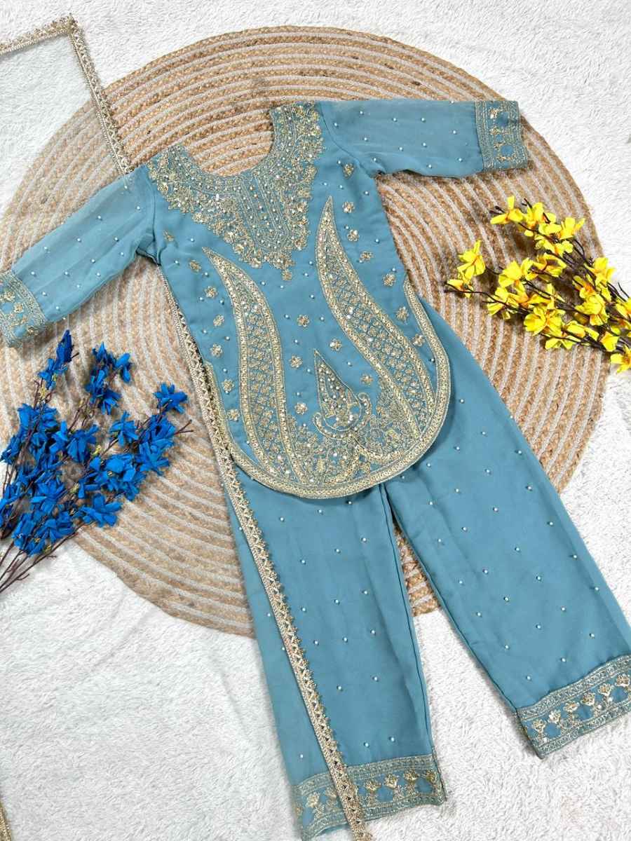 DESIGNER GEORGETTE EMBROIDERY WITH MOTI WORK KID'S TOP BOTTOM WITH DUPATTA FESTIVE WEAR WHOLESALE PRICE ETHNIC GARMENT (18)