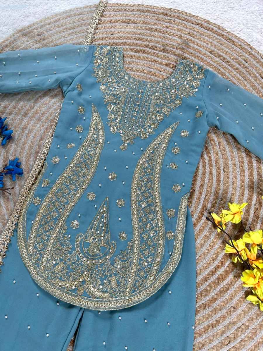 DESIGNER GEORGETTE EMBROIDERY WITH MOTI WORK KID'S TOP BOTTOM WITH DUPATTA FESTIVE WEAR WHOLESALE PRICE ETHNIC GARMENT (19)