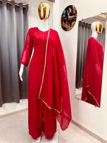 DESIGNER GEORGETTE EMBROIDERY WORK TOP PALAZZO WITH DUPATTA RED