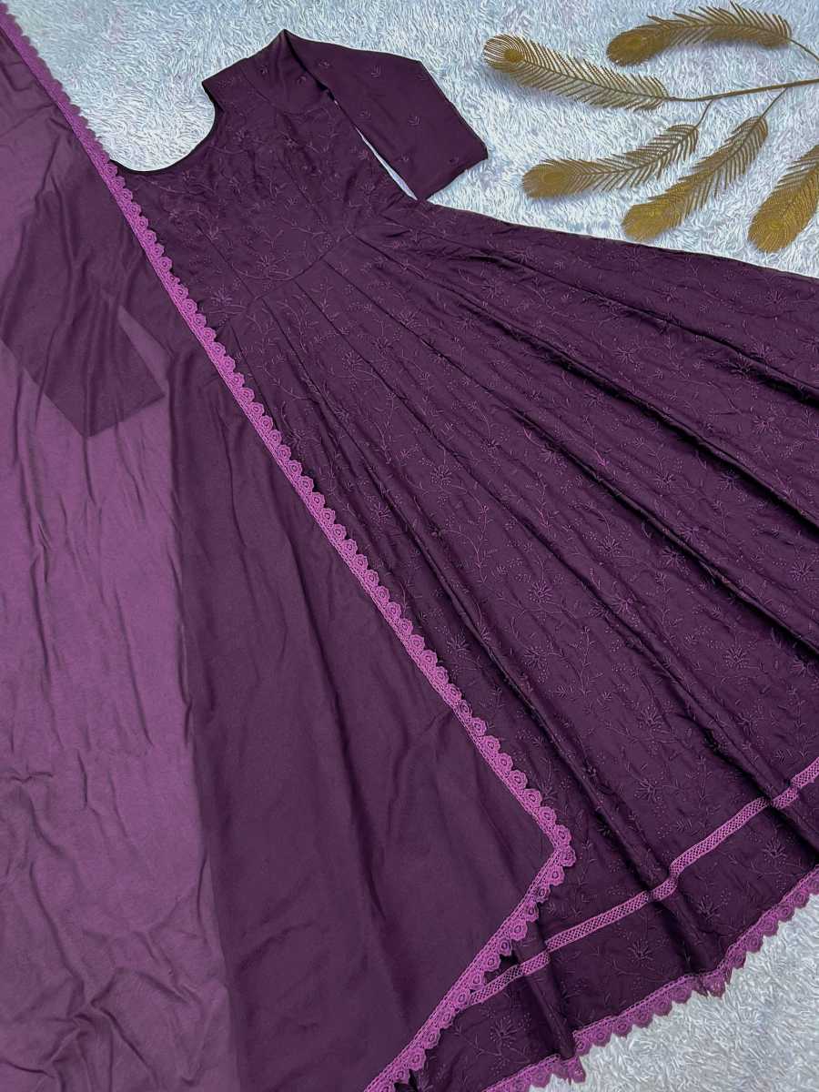 DESIGNER GEORGETTE SILK THREAD EMBROIDERY WORK WITH GPO LACE BORDER WORK GOWN WITH DUPATTA WEDDING WEAR WHOLESALE PRICE ETHNIC GARMENT (12)