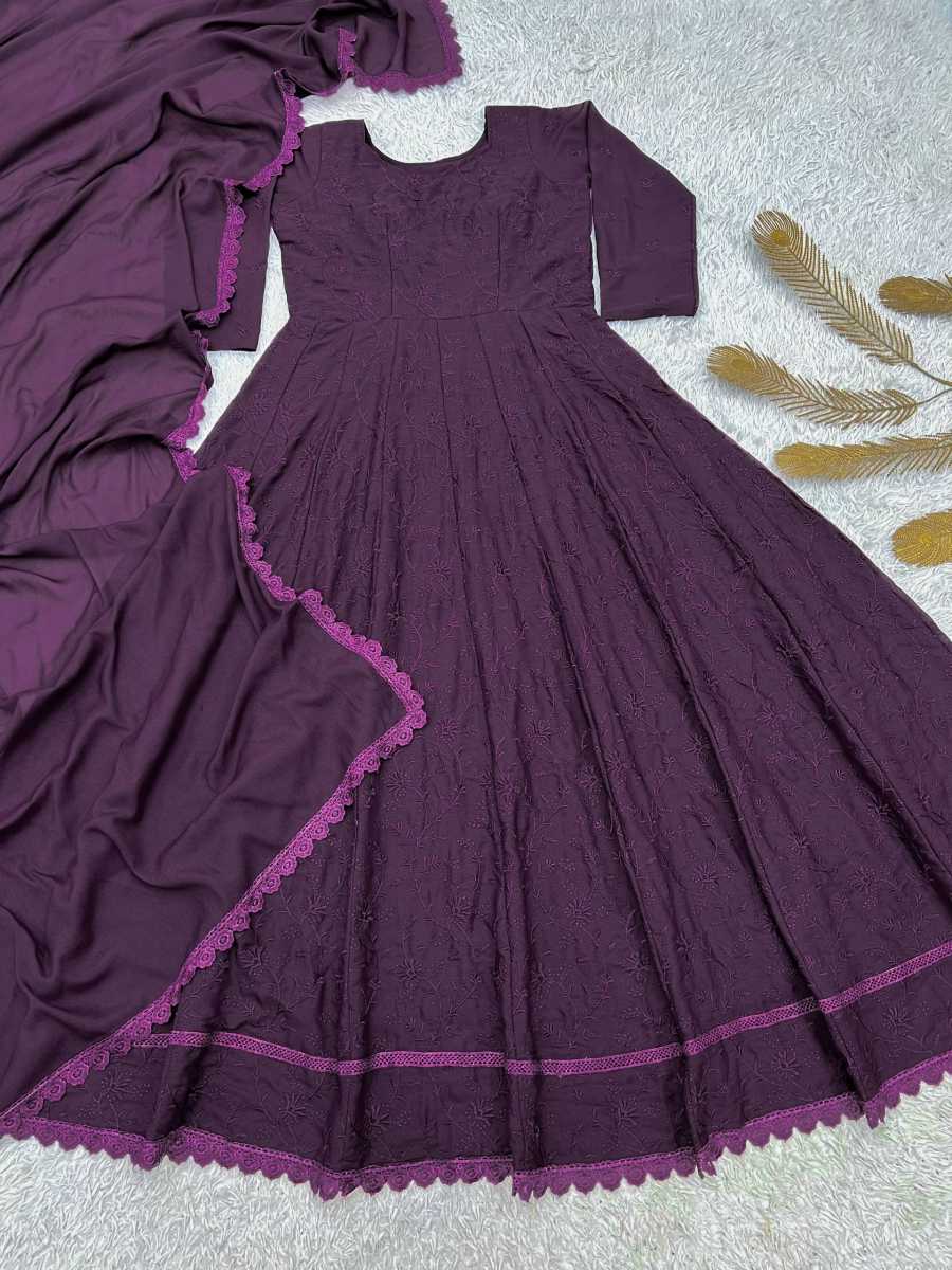 DESIGNER GEORGETTE SILK THREAD EMBROIDERY WORK WITH GPO LACE BORDER WORK GOWN WITH DUPATTA WEDDING WEAR WHOLESALE PRICE ETHNIC GARMENT (13)