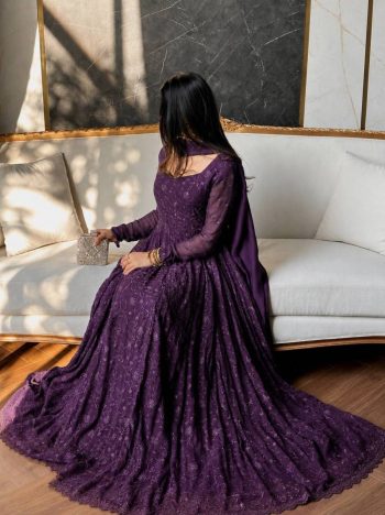 DESIGNER GEORGETTE SILK THREAD EMBROIDERY WORK WITH GPO LACE BORDER WORK GOWN WITH DUPATTA PURPLE