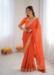 DESIGNER GEORGETTE THREAD & SEQUENCE EMBROIDERY WITH BADHANI PRINT WORK SAREE WITH UNSTITCHED BLOUSE ORANGE
