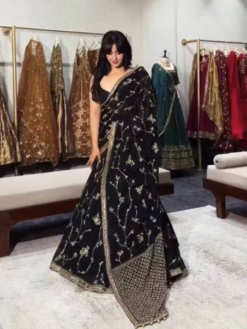 DESIGNER GEORGETTE THREAD WITH SEQUENCE WORK LEHENGA SAREE WITH UNSTITCHED BLOUSE AND DUPATTA BLACK