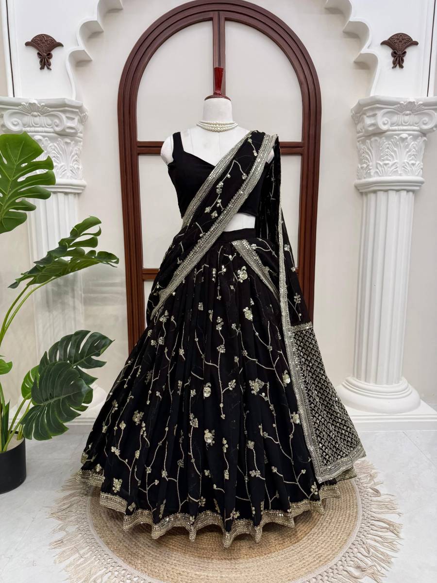 DESIGNER GEORGETTE THREAD WITH SEQUENCE WORK LEHENGA SAREE WITH UNSTITCHED BLOUSE AND DUPATTA WEDDING WEAR WHOLESALE PRICE ETHNIC GARMENT (4)