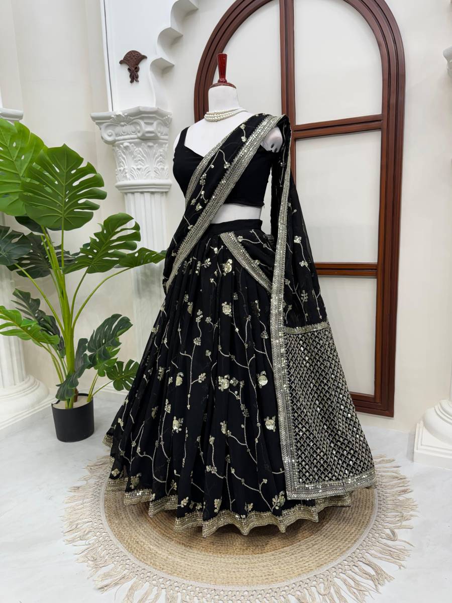 DESIGNER GEORGETTE THREAD WITH SEQUENCE WORK LEHENGA SAREE WITH UNSTITCHED BLOUSE AND DUPATTA WEDDING WEAR WHOLESALE PRICE ETHNIC GARMENT (6)