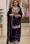 DESIGNER GEORGETTE THREAD WITH  SEQUENCE  WORK TOP PALAZZO WITH DUPATTA BLACK