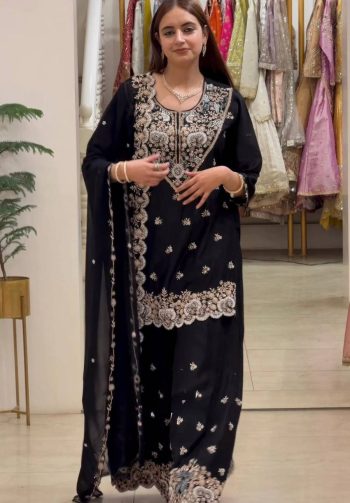 DESIGNER GEORGETTE THREAD WITH  SEQUENCE  WORK TOP PALAZZO WITH DUPATTA BLACK