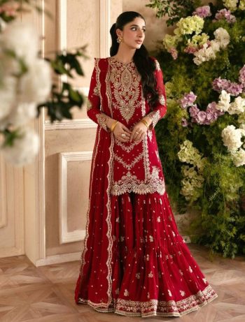 DESIGNER GEORGETTE THREAD WITH SEQUENCE WORK TOP SHARARA WITH DUPATTA RED