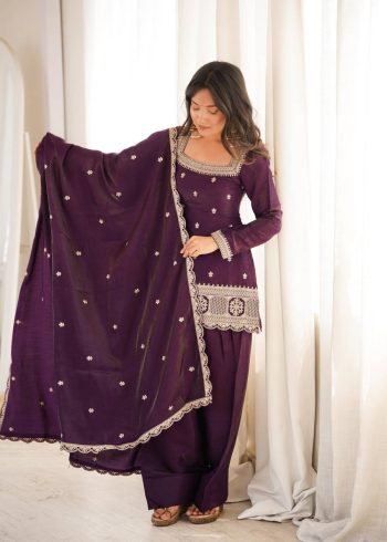 DESIGNER GLASS ROMAN SILK EMBROIDERY SEQUENCE DORI AND JARI WORK TOP PATIYALA WITH DUPATTA PURPLE